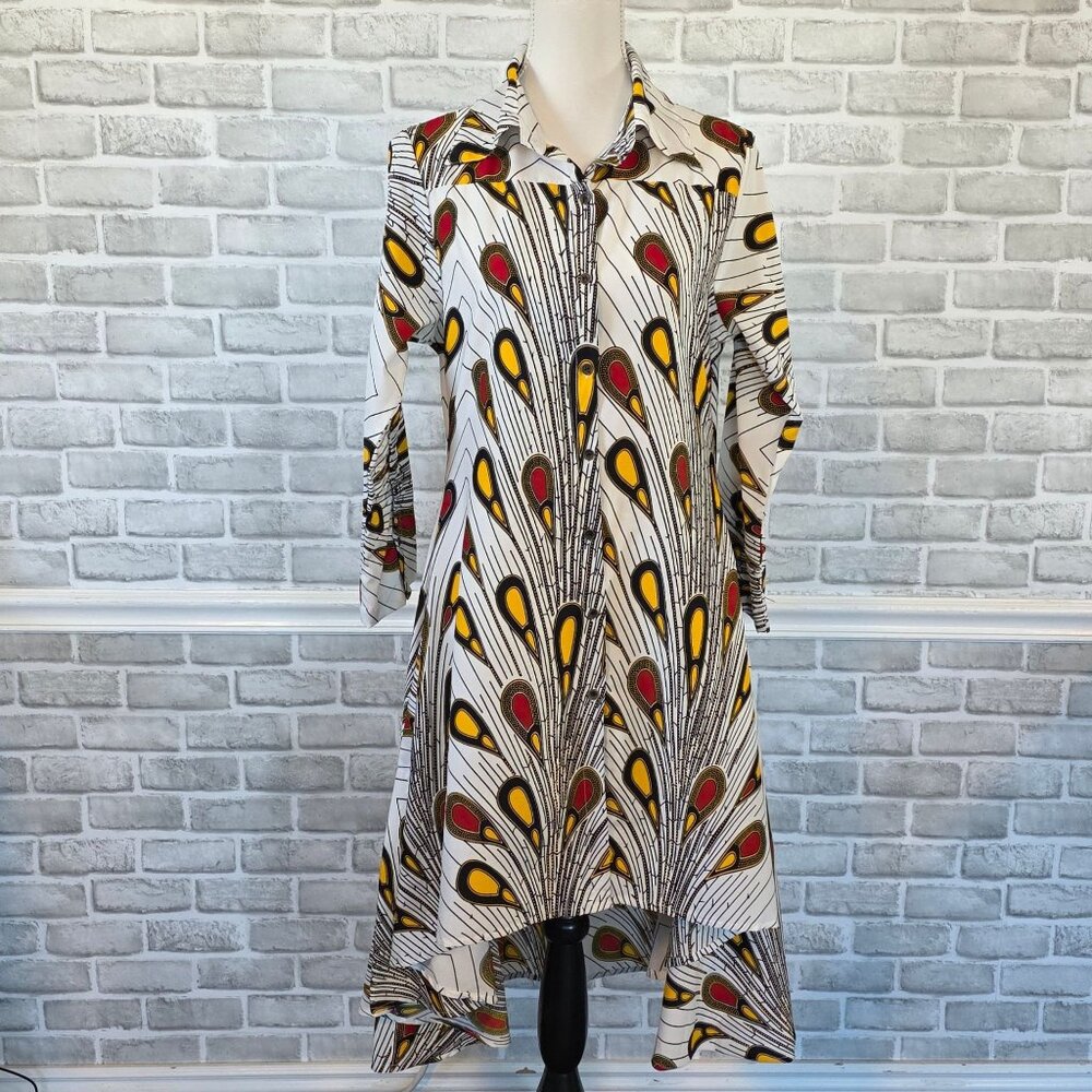 Step In Style Midi Shirt Dress Boho Peacock Feather Asymmetrical Art to Wear M